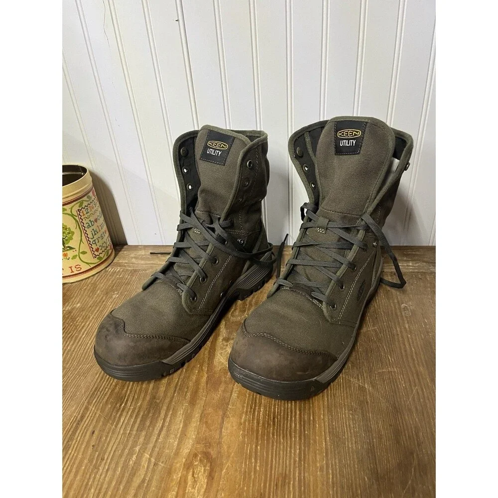 Men's Keen ASTM F 2413-18 Brown Military Green Work Steel Toe Utility Boots 14