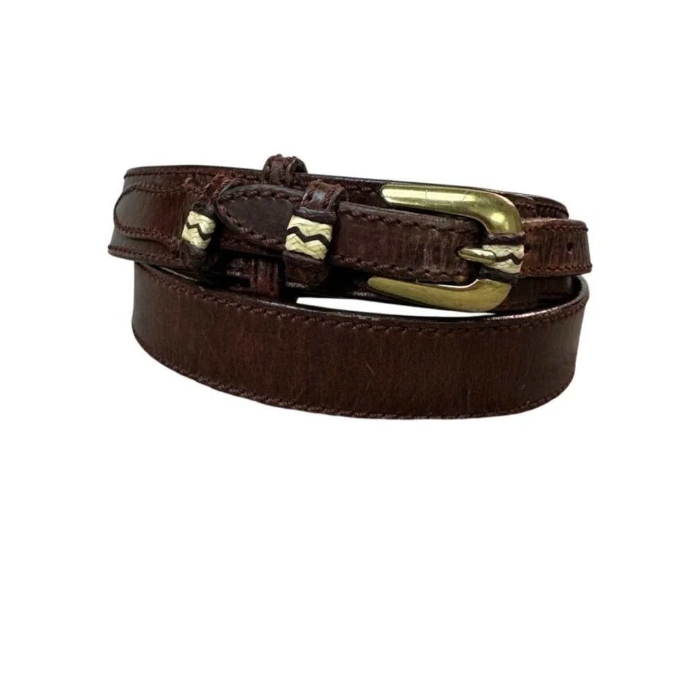 Orvis Mens Brown Leather Belt Brass Buckle Woven Detail Size 46 13YP
