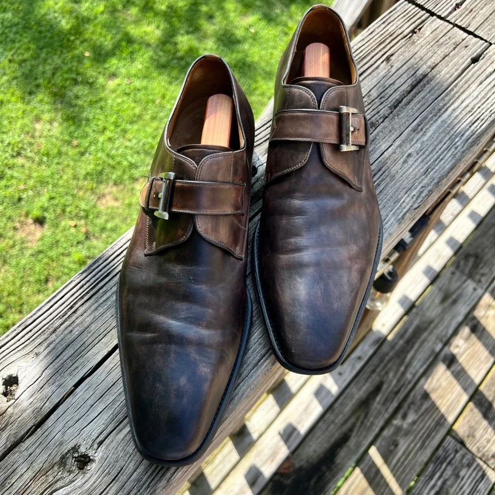 Magnanni Monk Strap Shoes 11 Brown Leather Patina Dress Luxury Dark Academia