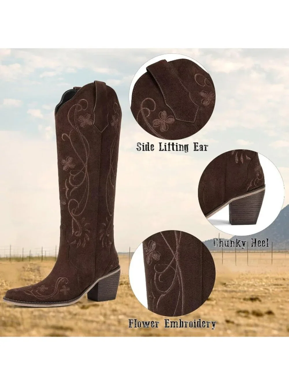 Women's Chocolate Floral Knee High Cowgirl Boots Embroidered Pointed Chunky Heel