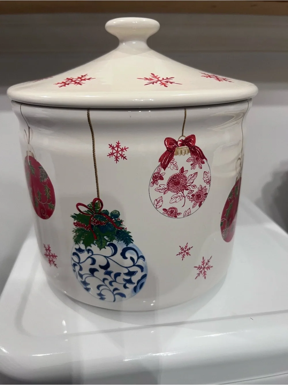 Holiday Ornament Ceramic Cookie Jar - White with Red & Blue Accents