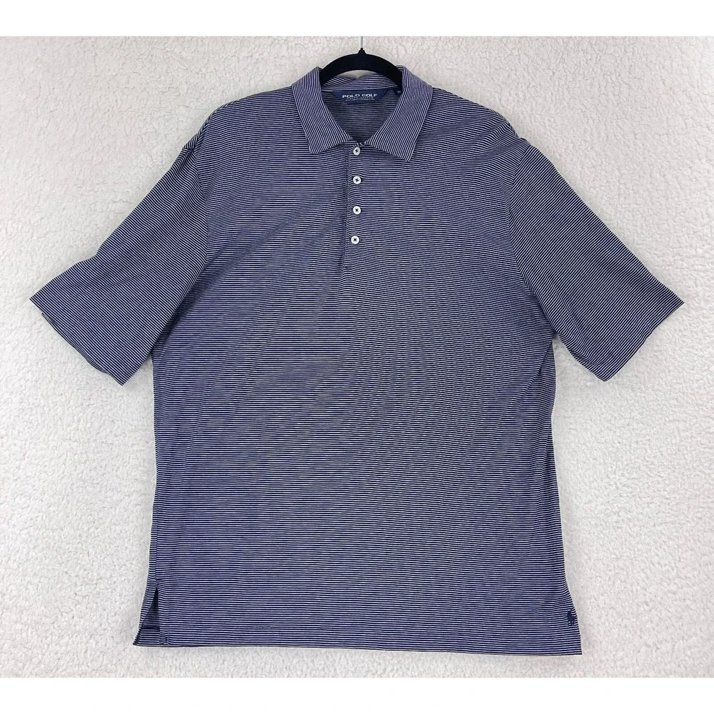 Ralph Lauren Blue White Stripe Golf Polo‎ Shirt Mens Short Sleeve Size Medium