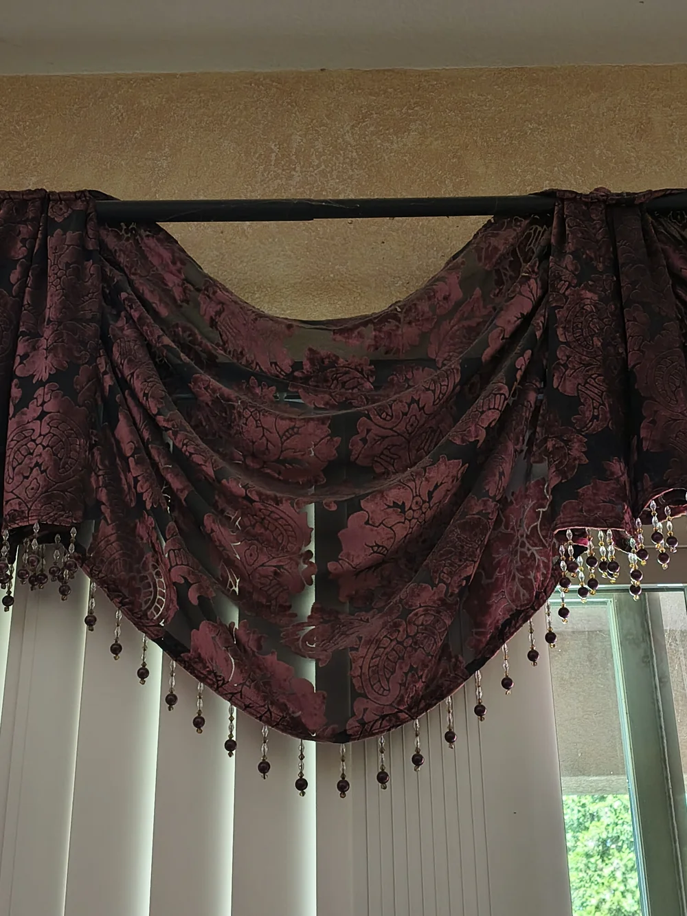 JCPenney Plum Floral Beaded Valance Set of 3 NEW