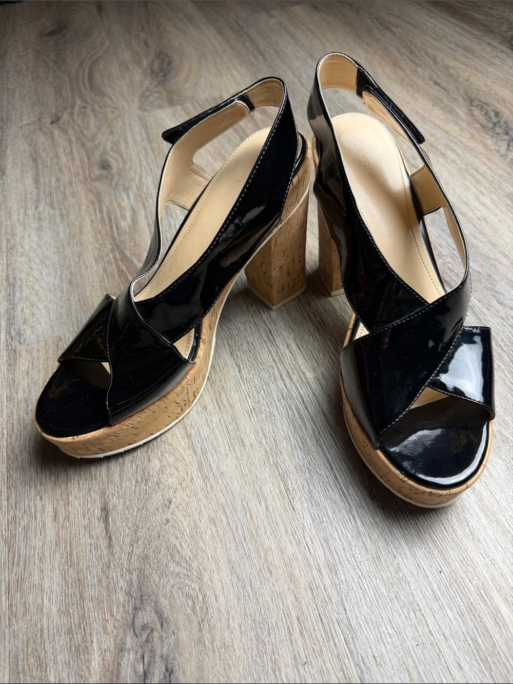 Calvin Klein Black Patent Cork Platform Block Heel Sandals Size 10B