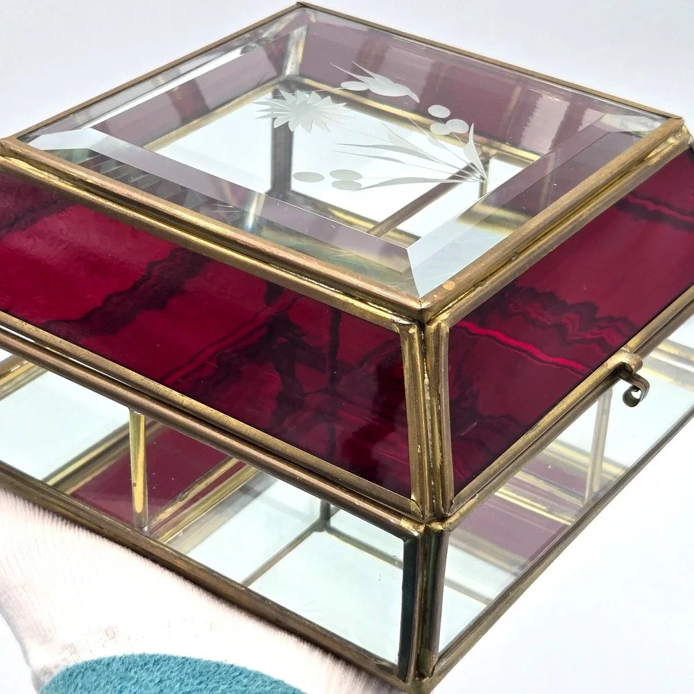 Vtg Glass & Brass Domed Jewelry Box Red Clear Casket Mirrored Bottom Beveled Top