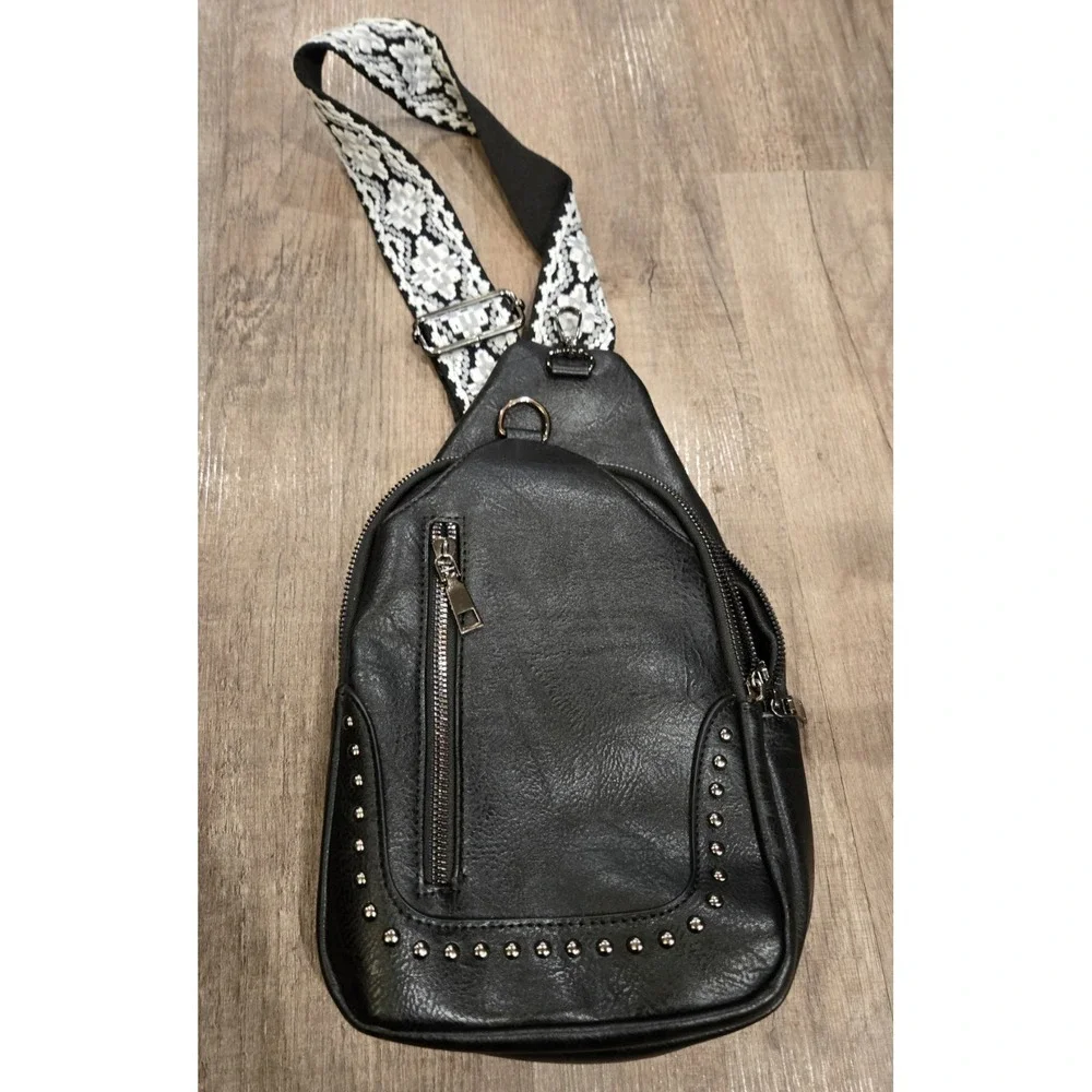 Sam & Hadley Guitar Strap Sling Bag‎ Black 4 Pockets Stud Embellishment Moto