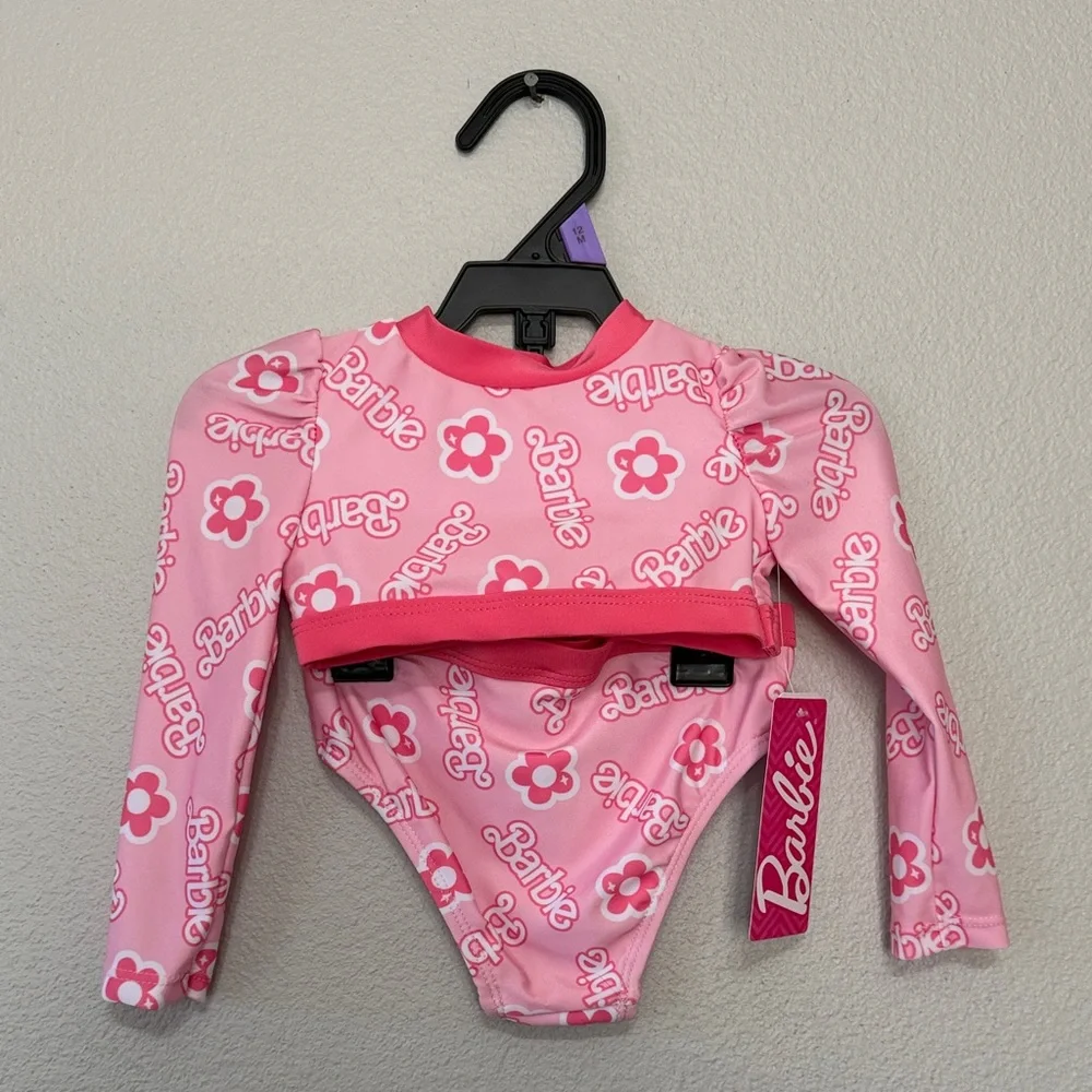 New Pink Barbie 2 Piece Swimsuit Size 12 Mo Long Sleeve Eco‎ Friendly Lining