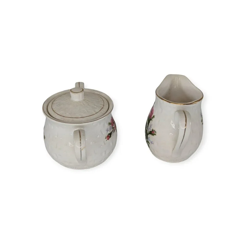 Vintage Floral Ceramic Creamer & Sugar set Rimmed in Gold Tone Accent