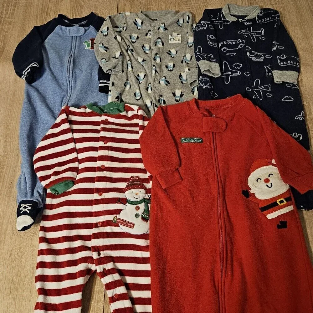 Lot Of 5 Carters Fleece Pjs Pajamas Sizes 0-9   Months Boys Christmas Animals