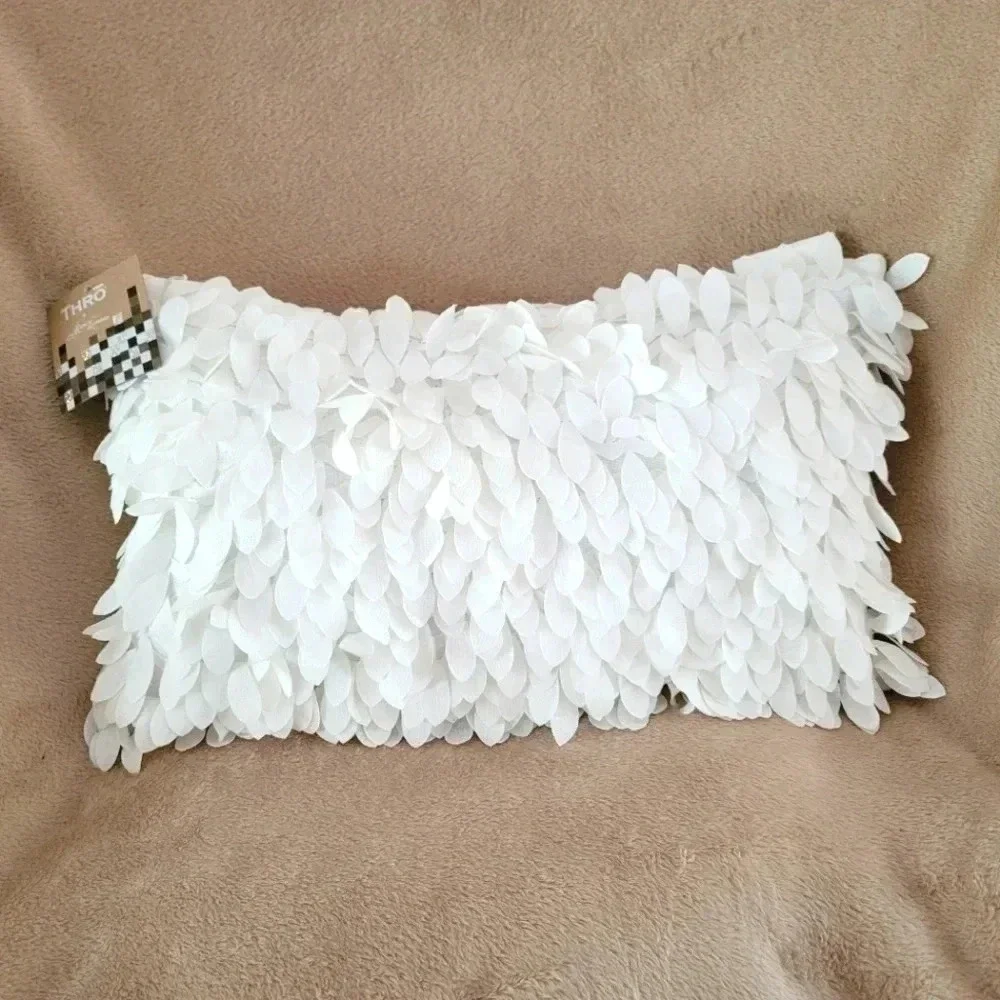 Bright White Marlo Lorenz THRO Faux Linen Fallen Leaves Feather Pillow 18