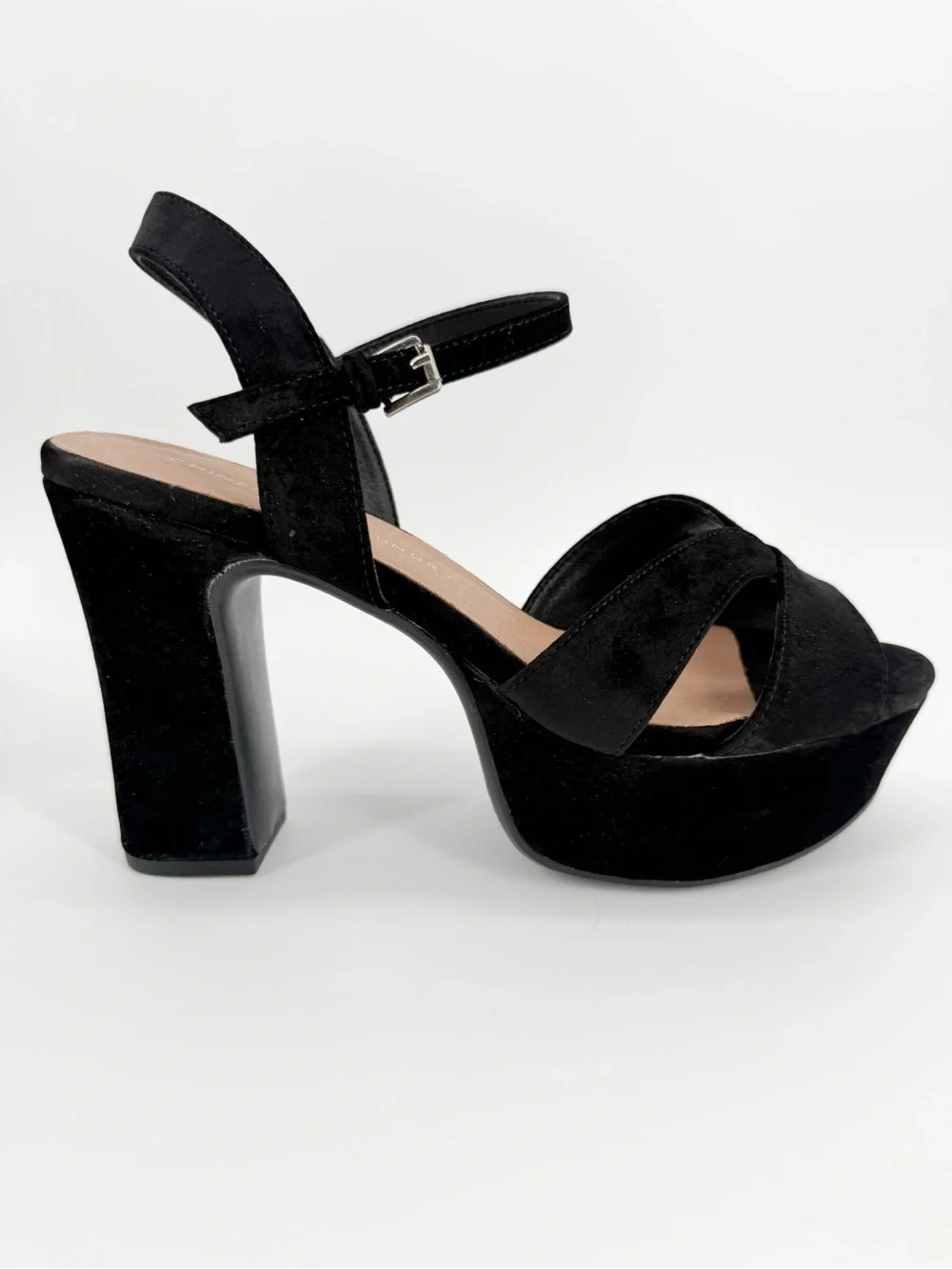 Chinese Laundry Daydreamer Velvet Platform Block Heel Sandals Black 10 NEW