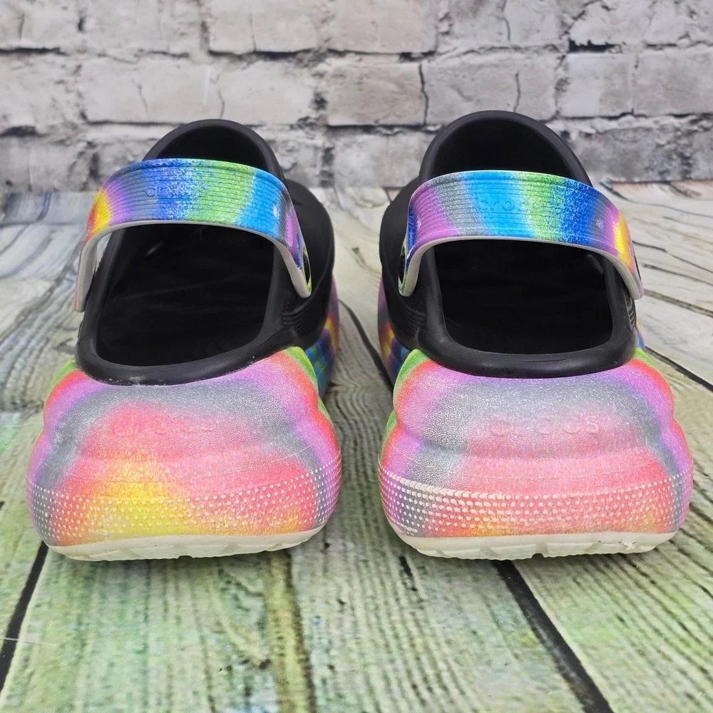Crocs Classic Crush Clog Mens 11 Black Rainbow Tie Dye Chunky Platform Sandals