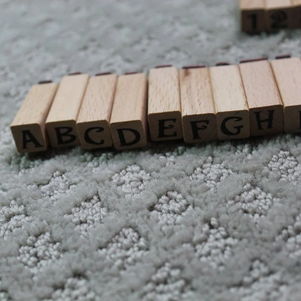Lot of 34 Preowned Wood Mounted Alphabet & Number Stamps - Missing Letter 