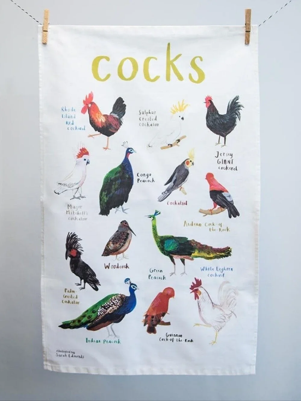 Sarah Edmonds Fowl Language 'C*cks' bird tea towel