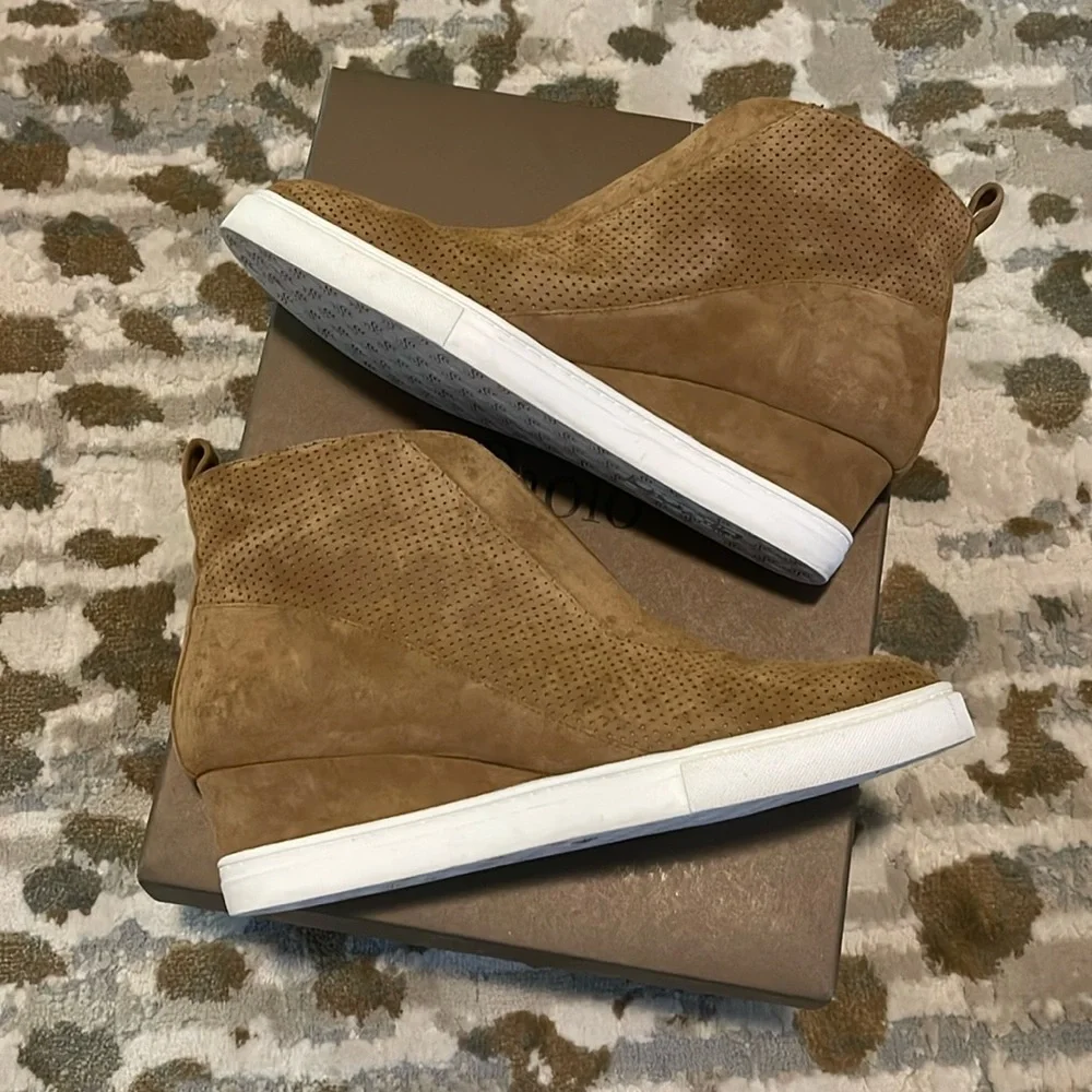 Linea Paolo Women's Anna Toffee Perforated Suede Platform Wedge Sneakers Size 7