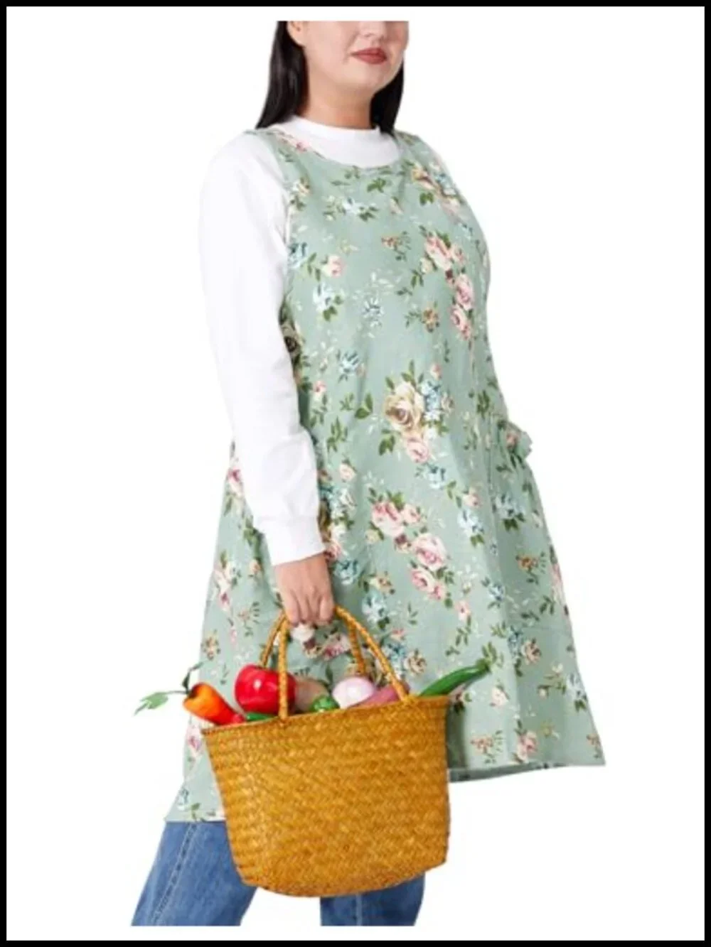 Plus Size Adjustable Cross Back Floral Cotton Linen Apron with Pockets