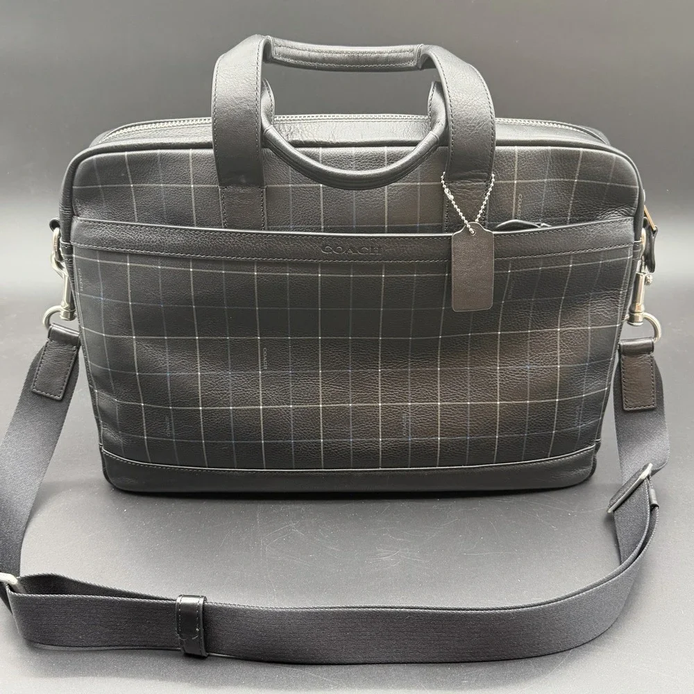 COACH Bag Briefcase Business Men's Leather Black‎ F71561 HUDSON Rare Plaid NWOT