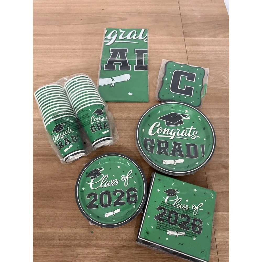 Class of 2026 Graduation Party Set 126 Pc Green Plates Cups Napkins Banner