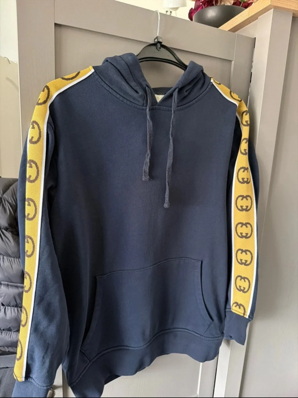 Gucci Navy Hoodie with Yellow Logo Tape Sleeves
