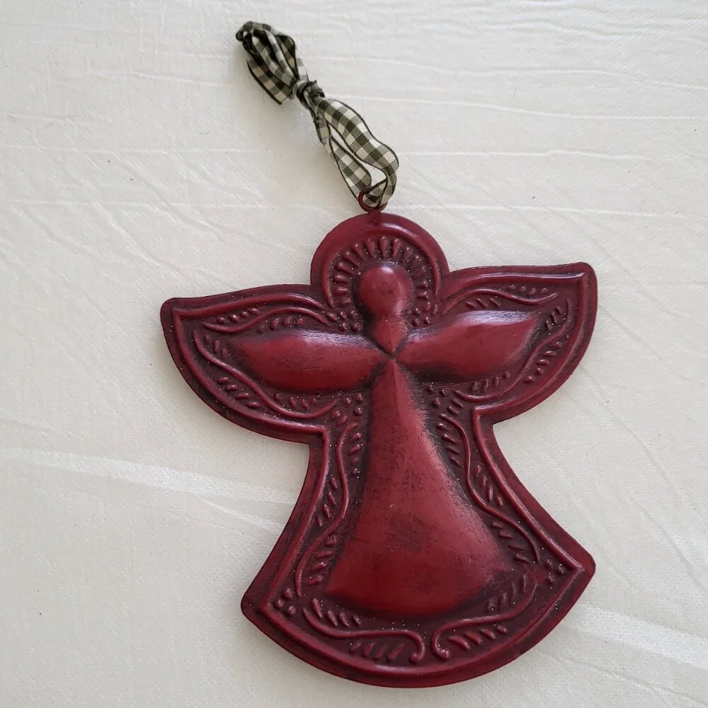 Angel Ornament Wall Decor Plaid Ribbon Burgundy Christmas Tree Religious Maroon