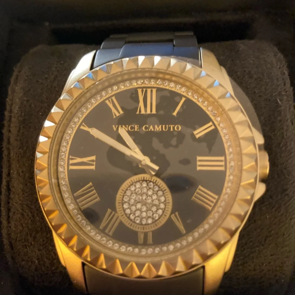 Vince Camuto Gold Tone and Black Women's Crystal Accent Watch