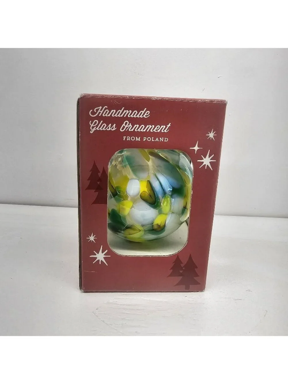Huta Szkla Zorza Handmade Glass Christmas Ornament Poland Green Yellow White