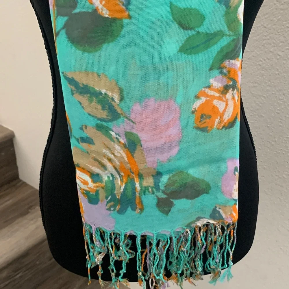Isaac Mizrahi Vibrant Floral Scarf - Aqua and Tangerine