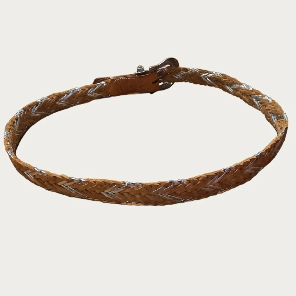 Vintage Liz Claiborne Woven Tan & Silver Leather Belt with Silver Tone Buckle M