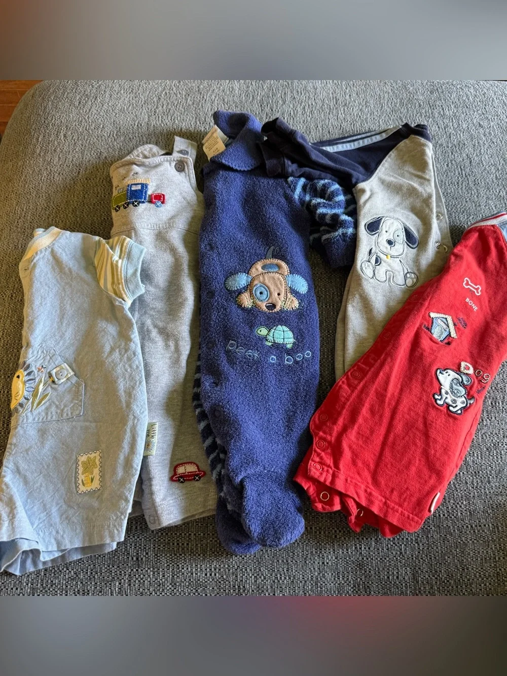 baby boy vintage embroidered one pieces bundle, footie pjs, overalls, rompers
