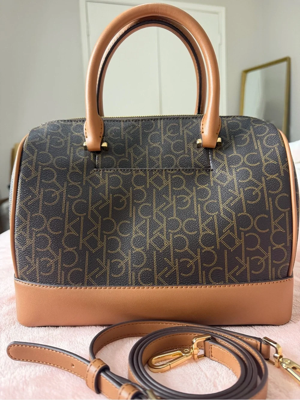 Calvin Klein Monogram Satchel Crossbody Brown Tan