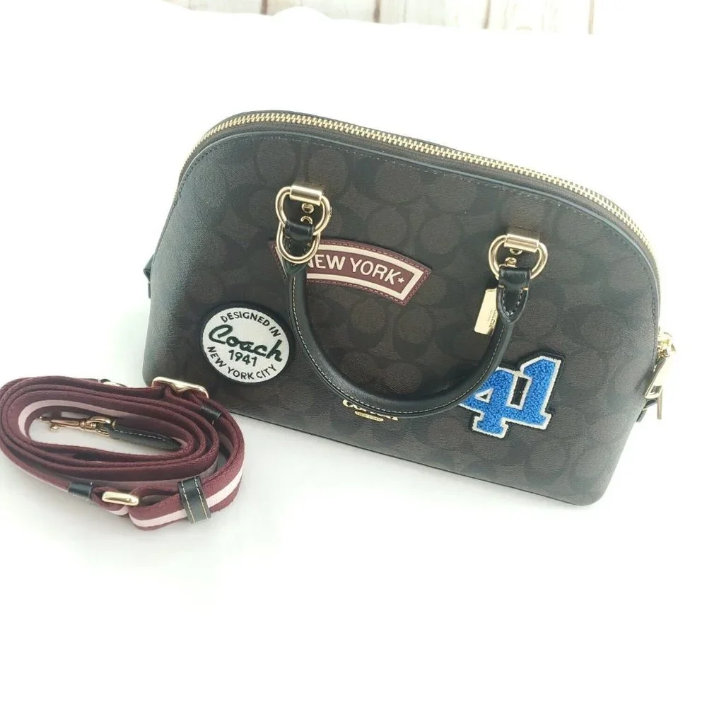 Coach Womens Brown Signature Canvas Ski Patches Double Handles Katy Satc…