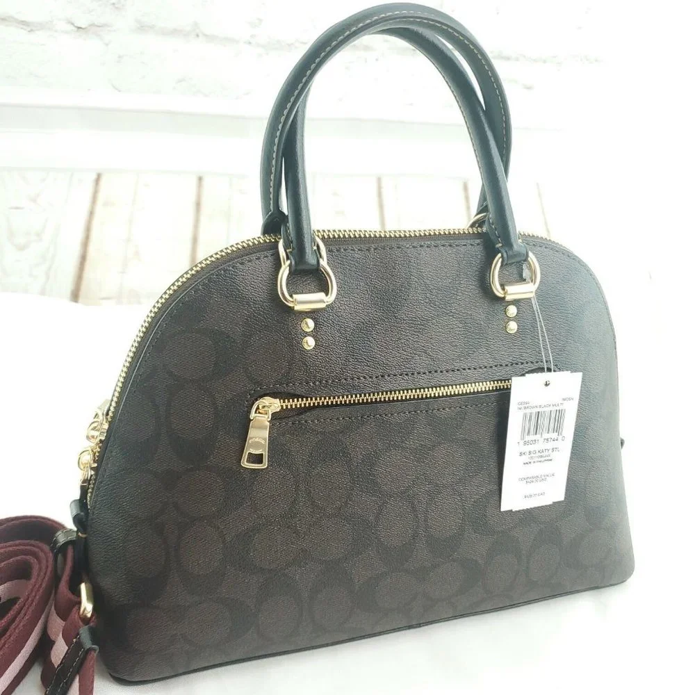 Coach Womens Brown Signature Canvas Ski Patches Double Handles Katy Satc…