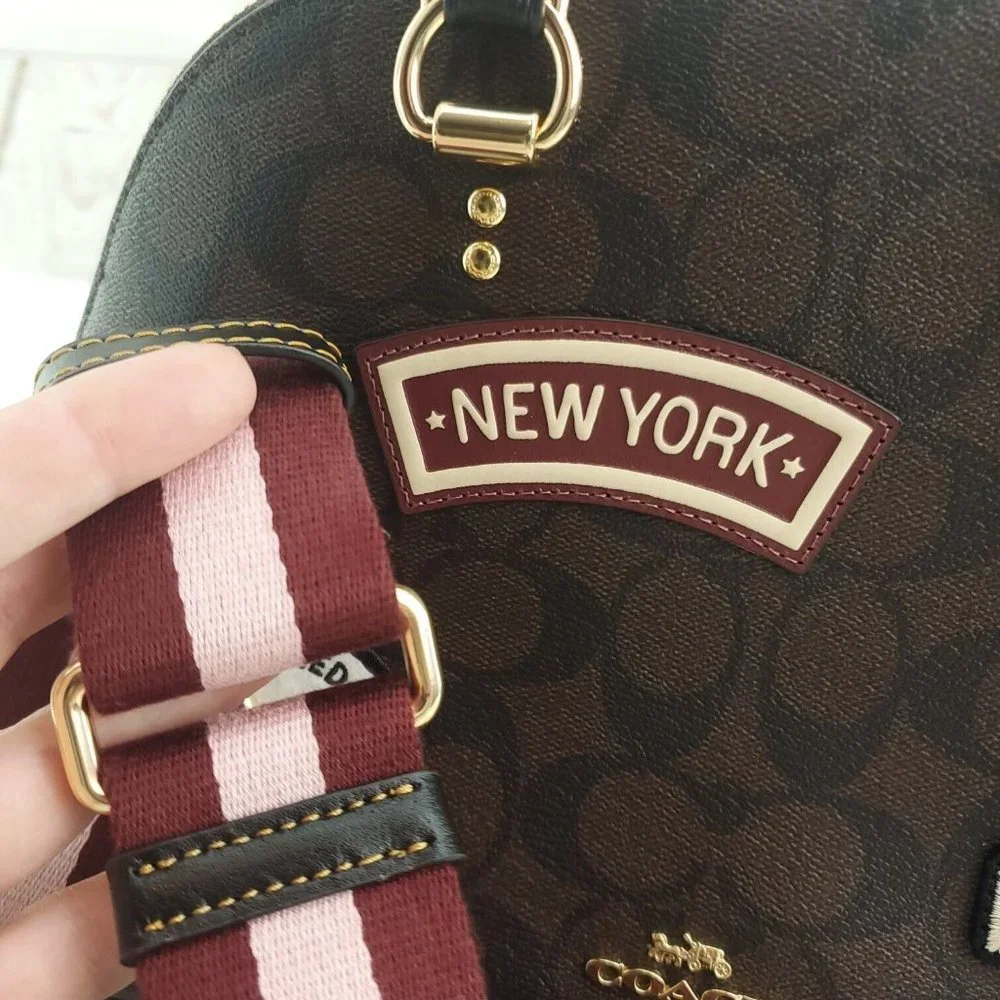 Coach Womens Brown Signature Canvas Ski Patches Double Handles Katy Satc…