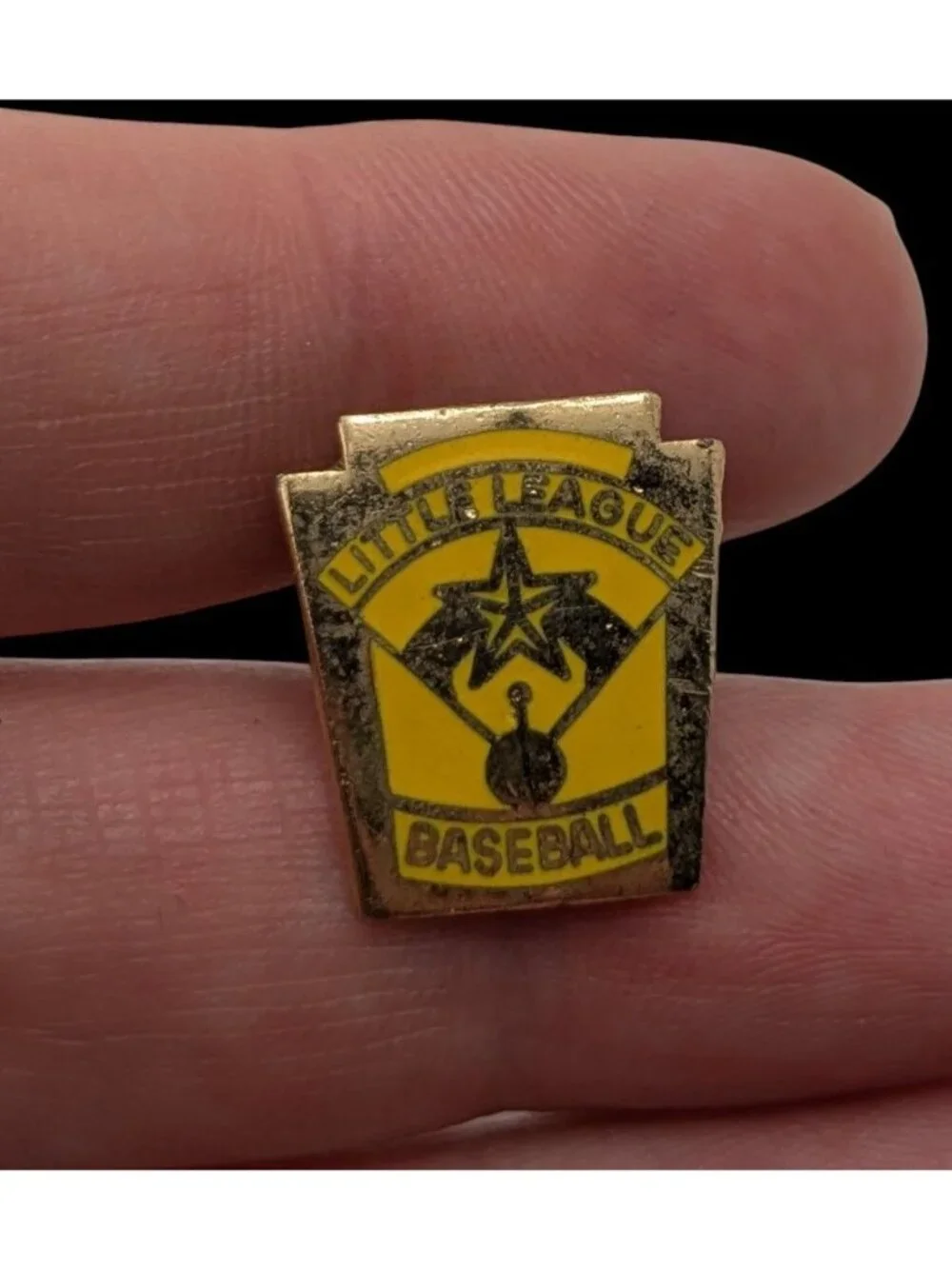 Vintage Little League Baseball Lapel Pin Yellow & Gold Enamel Shield Shaped