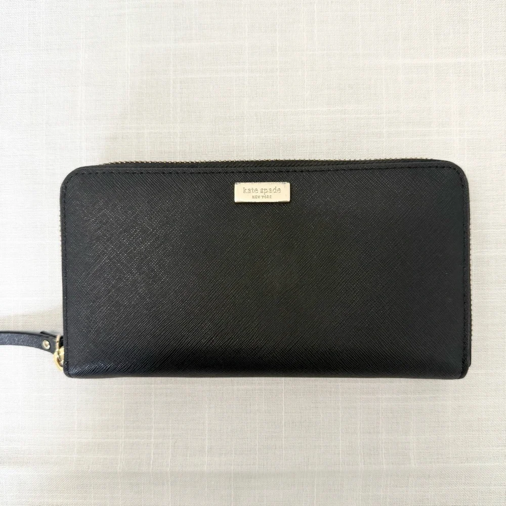 Kate Spade Black Leather Continental Zippered Wallet Faux Leather Neutral