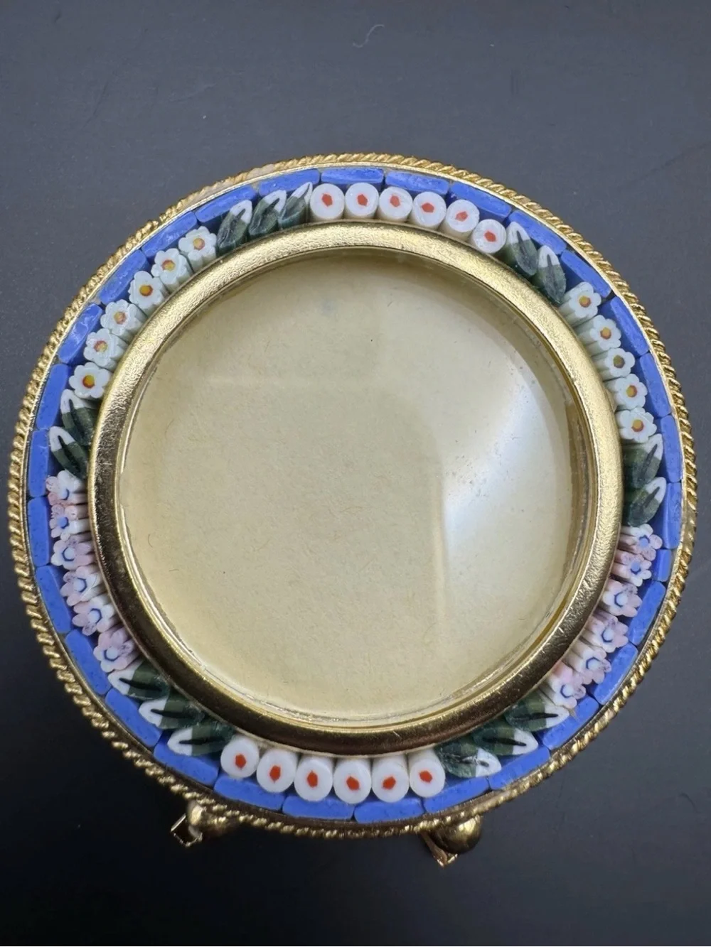 Vintage Italian Micro Mosaic Round Picture Frame Italy Floral Glass Easel Blue