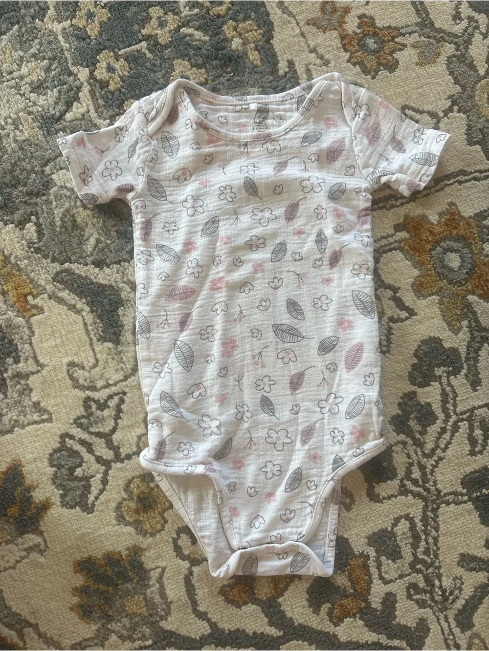 aden + anais White Muslin Baby One-Piece with Pink and Gray Floral Print