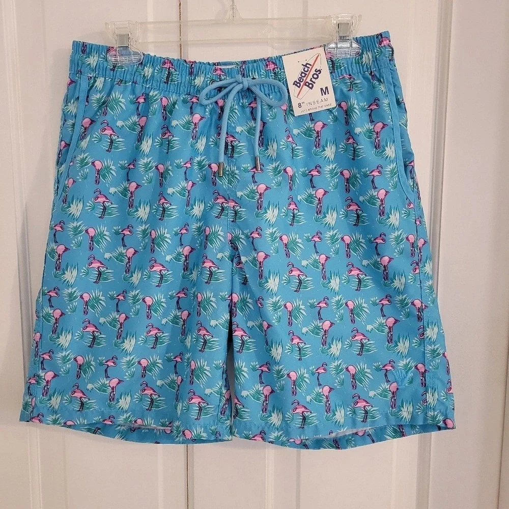 Beach Bros. Swim Suit Trunks Men MEDIUM Flamingos Beach Resort Pool Surf Lined‎