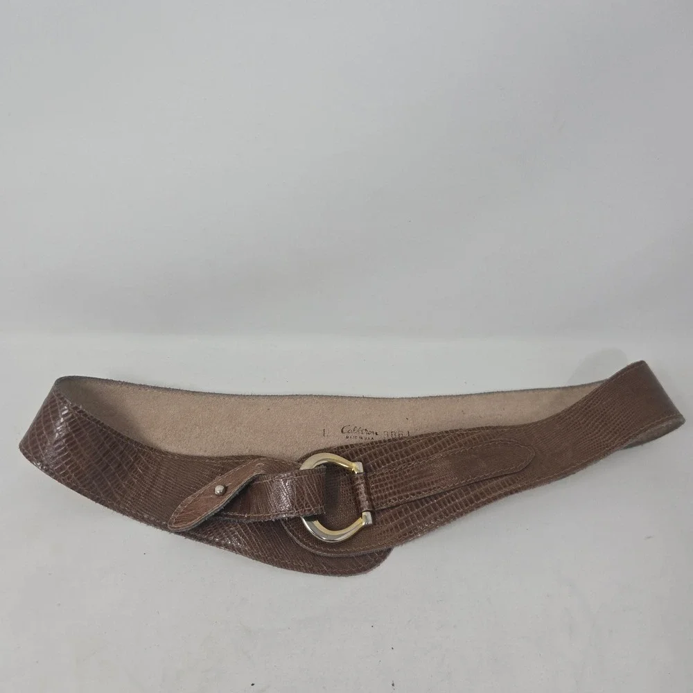 Calderon Vintage‎ Brown Lizard Embossed Leather Wide Waist Belt Gold Buckle L