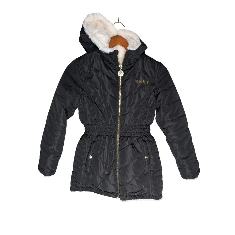 DKNY Girls Reversible Faux Fur Puffer Jacket Black White‎ Gold Size M 10 12 Coat