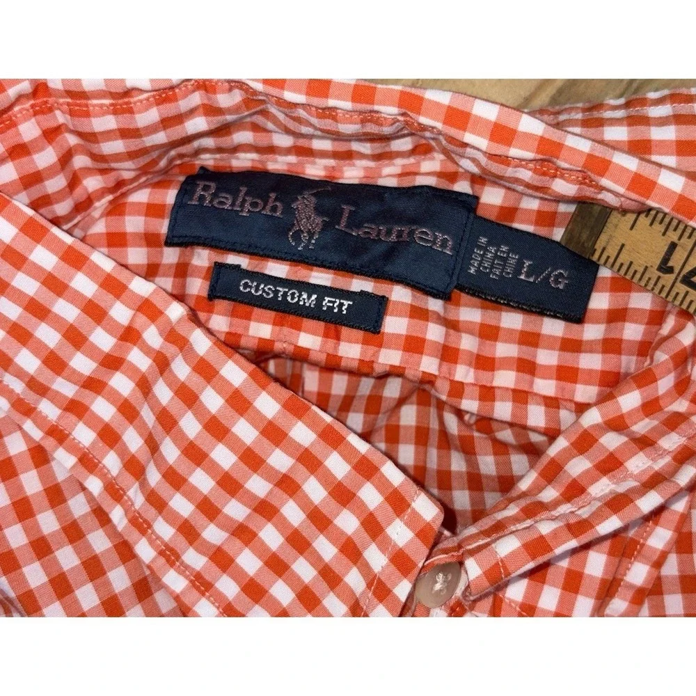 Polo Ralph Lauren Men's Orange Gingham Check Button Down Large Custom‎ Fit