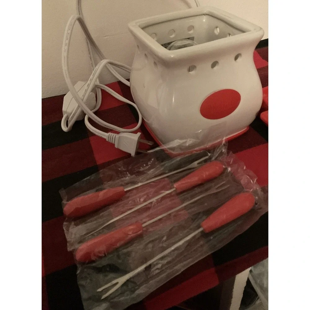Velata Maraschino Curve Fondue Warmer Red White Silicone Dish Forks Complete Set