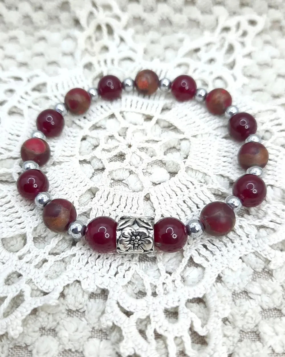 Artisan Apple Jasper Bracelet Natural Beaded Stretch Tibetan Silver Spacer NEW
