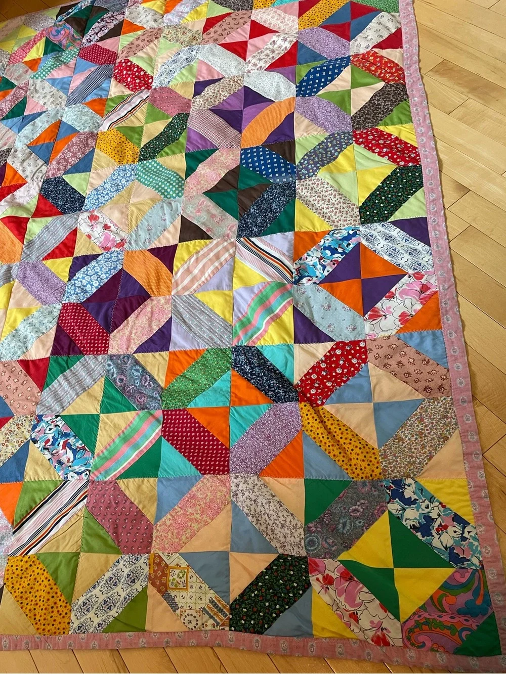 70’s Handmade Machine Zig Zag Stitch Multi Colored Patchwork Throw Lap Quilt