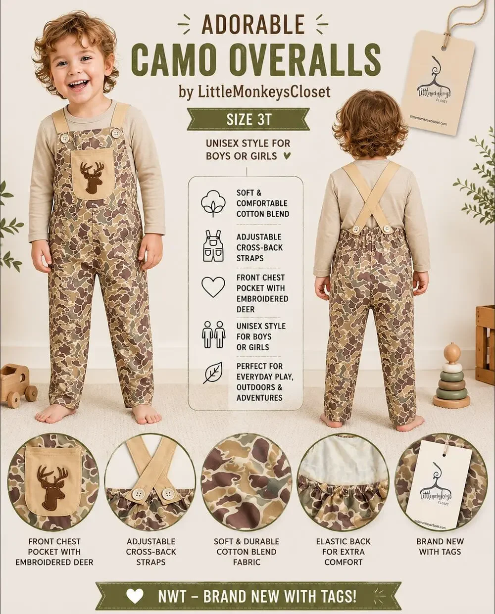 LittleMonkeysCloset Boutique Camo Overalls Deer Pocket NWT 3T