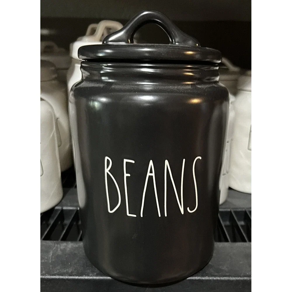 Rae Dunn BEANS Ceramic Black Canister LL Large Size 9.5 Inch Magenta HTF COFFEE