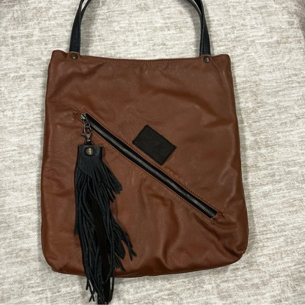 Handmade Brown‎ Leather Tote Bag with Black Tassel