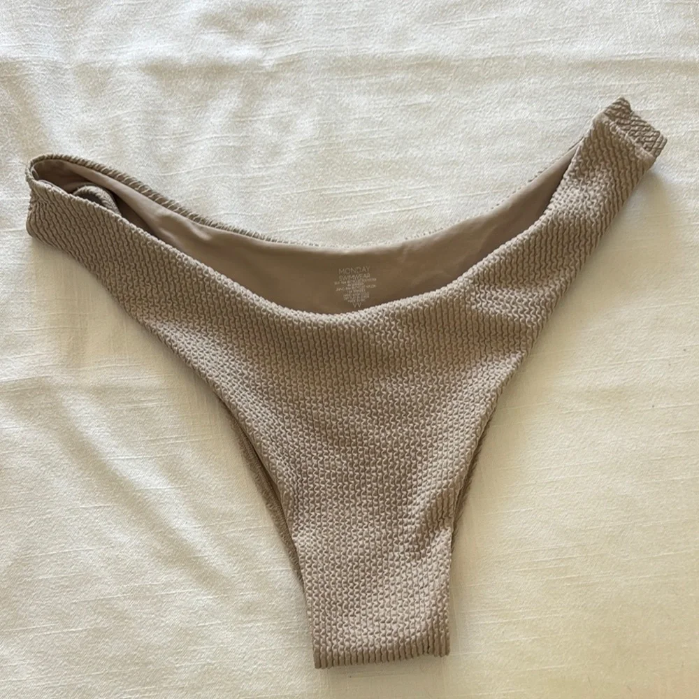 Monday Swimwear Ribbed High-Cut Bikini Bottom in Beige