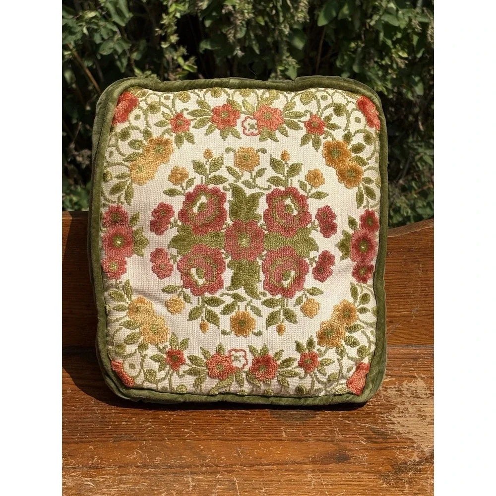 Vtg Chenille Floral Throw Pillow Green Gold Red Velvet Back Cording 12
