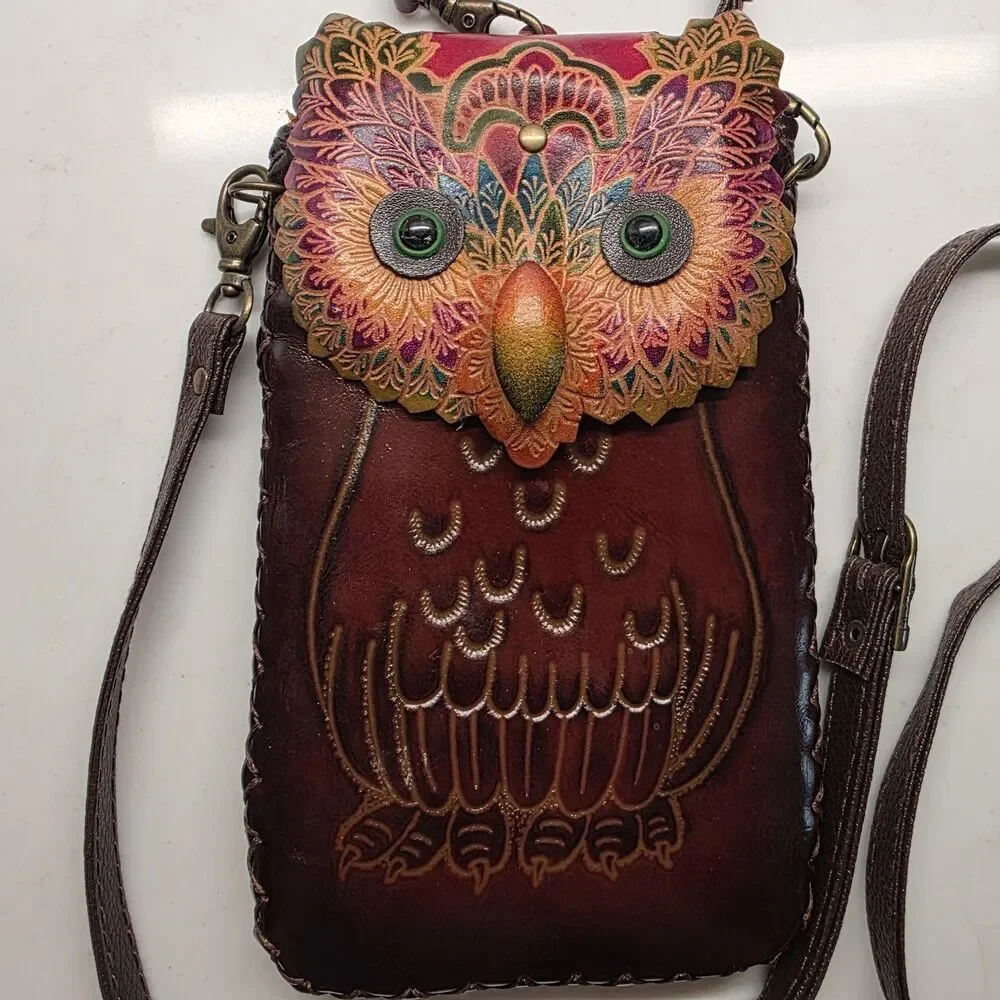 Genuine Leather  Colorful Owl Cross-body Wallet/Purse